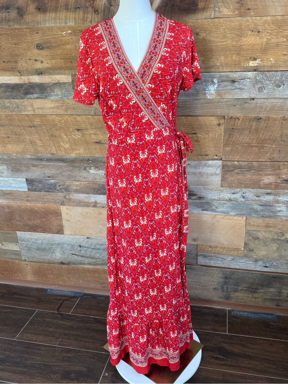 ❤️ ZESICA Red Floral Paisley Wrap Midi Maxi Dress Short Sleeve Sz M NWT